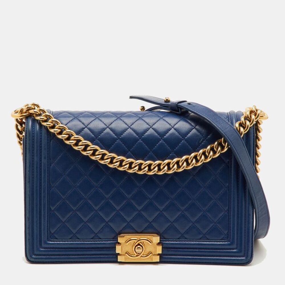 Chanel Boy New Medium Navy Blue Quilted Leather Shoulder Bag